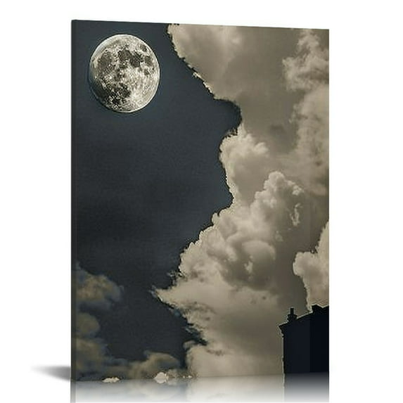 Canvas Print Wall Art Pastel Clouds with Moon in Dark Blue Sky Nature Wilderness Photography Modern Art Rustic Landscape Relax/Calm for Living Room, Bedroom, Office 12*16in/16*20in