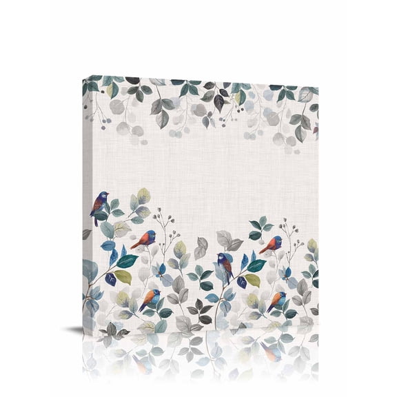 Canvas Print Wall Art Pastoral Bird Eucalyptus Leaves Farmhouse Linen Background Framed Canvas Art Wall Decor Pictures Painting Morden Artwork for Living Room Bedroom, Ready to Hang, 24"x24"