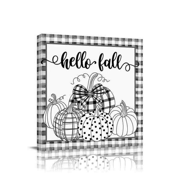 Canvas Print Wall Art Polka Dots Plaid Pumpkin Thanksgiving Hello Fall Rustic Framed Canvas Art Wall Decor Pictures Painting Morden Artwork for Living Room Bedroom, Ready to Hang, 8"x8"