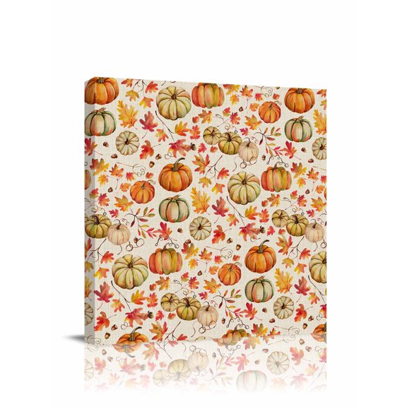 Canvas Print Wall Art Pumpkin Fallen Leaves Thanksgiving Countryside Linen Framed Canvas Art Wall Decor Pictures Painting Morden Artwork for Living Room Bedroom, Ready to Hang, 24"x24"