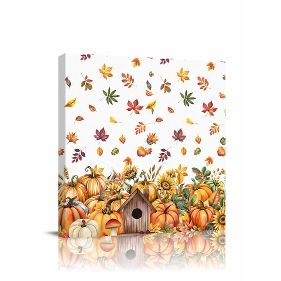 Canvas Print Wall Art Pumpkin Flower Fall Fallen Leaves Chalet Thanksgiving Framed Canvas Art Wall Decor Pictures Painting Morden Artwork for Living Room Bedroom, Ready to Hang, 28"x28"