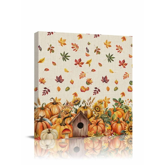Canvas Print Wall Art Pumpkin Flower Fall Fallen Leaves Chalet Thanksgiving Linen Framed Canvas Art Wall Decor Pictures Painting Morden Artwork for Living Room Bedroom, Ready to Hang, 28"x28"