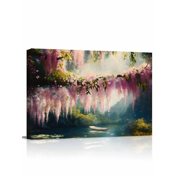 Canvas Print Wall Art Purple Flowers Forest Lake Boat Landscape Fantasy Framed Canvas Art Wall Decor Pictures Painting Morden Artwork for Living Room Bedroom, Ready to Hang - 12"x16"