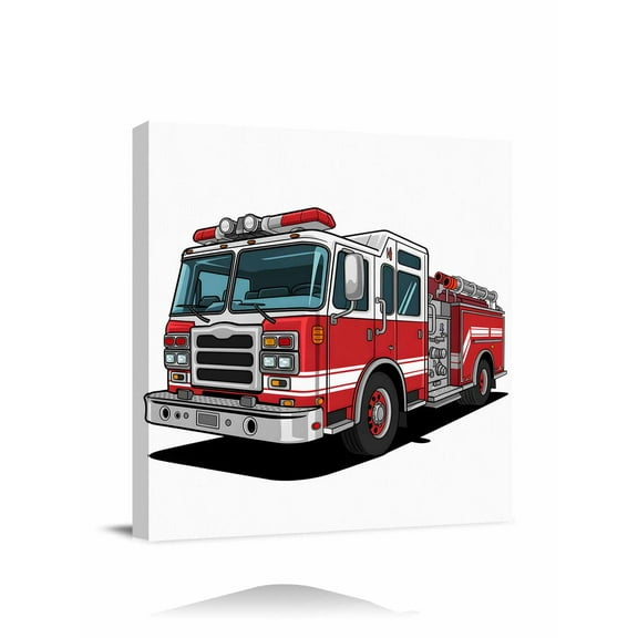 Canvas Print Wall Art Red Fire Truck Retro Classic Car Cartoon Framed Canvas Art Wall Decor Pictures Painting Morden Artwork for Living Room Bedroom, Ready to Hang, 8"x8"
