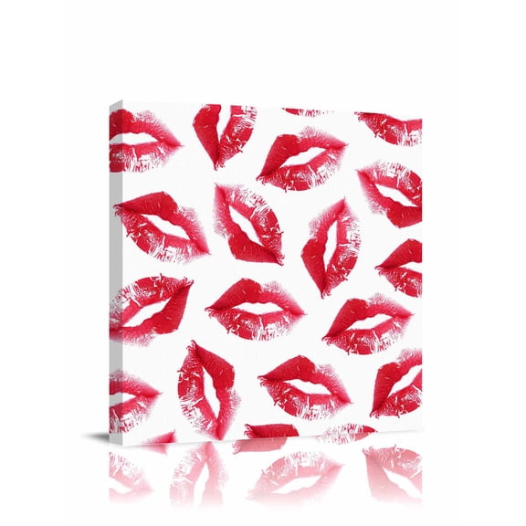 Canvas Print Wall Art Red Lipprint Texture Retro Abstract Kiss Framed Canvas Art Wall Decor Pictures Painting Morden Artwork for Living Room Bedroom, Ready to Hang, 28"x28"
