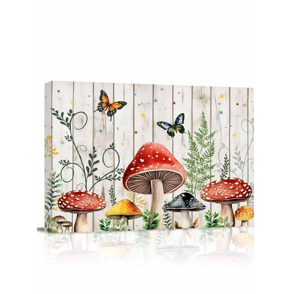 Canvas Print Wall Art Red Mushroom Plant Butterfly Stars White Wood Framed Canvas Art Wall Decor Pictures Painting Morden Artwork for Living Room Bedroom, Ready to Hang - 24"x32"
