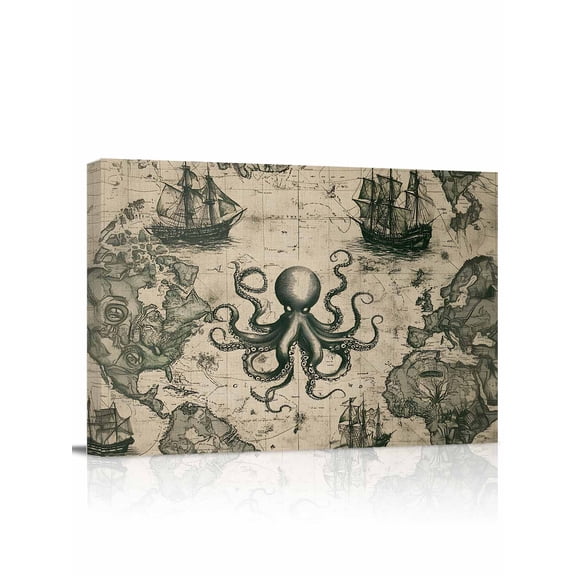 Canvas Print Wall Art Retro Medieval Map Octopus Nautical Framed Canvas Art Wall Decor Pictures Painting Morden Artwork for Living Room Bedroom, Ready to Hang - 12"x16"