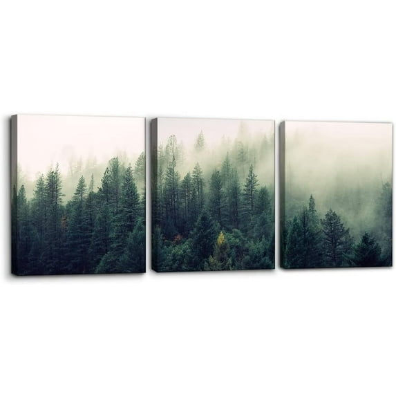 Canvas Print Wall Art Set Aerial View of Pine Trees in Mist Nature Wilderness Photography Realism Rustic Scenic Modern Artwork Decor Stretch and Framed Ready to Hang - 12"x16"x3 Panels