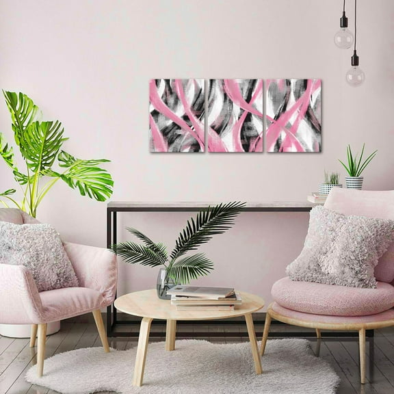 Canvas Print Wall Art Set Black & Pink Watercolor Lines Abstract Shapes Illustrations Modern Art Geometric Pink Lines for Living Room, Bedroom, Office - 12"x16"x3