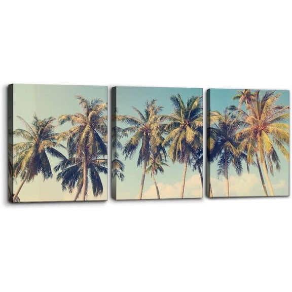 Canvas Print Wall Art Set Row of California Palm Trees & Blue Sky Nature Wilderness Photography Realism Chic Scenic Seaside Landscape Pictures Giclee Artwork Stretched Framed - 12"x16"x3 Panels