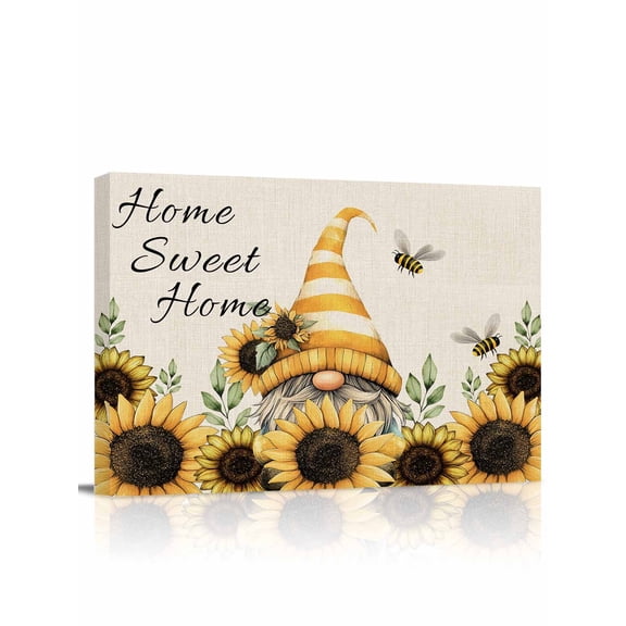 Canvas Print Wall Art Stripe Hat Dwarf Sunflower Leaf Bee Vintage Linen Framed Canvas Art Wall Decor Pictures Painting Morden Artwork for Living Room Bedroom, Ready to Hang - 12"x16"