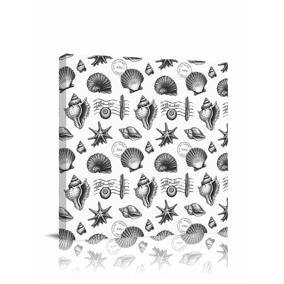 Canvas Print Wall Art Summer Conch Black White Retro Shell Starfish Watercolor Framed Canvas Art Wall Decor Pictures Painting Morden Artwork for Living Room Bedroom, Ready to Hang, 16"x16"