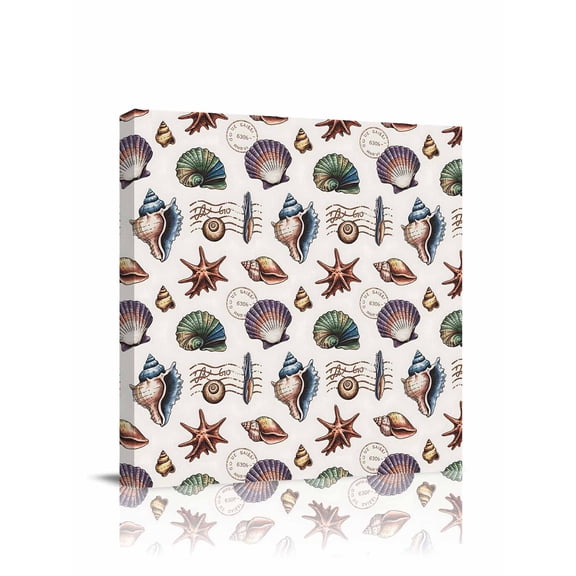 Canvas Print Wall Art Summer Conch Colorful Retro Shell Starfish Watercolor Framed Canvas Art Wall Decor Pictures Painting Morden Artwork for Living Room Bedroom, Ready to Hang, 8"x8"