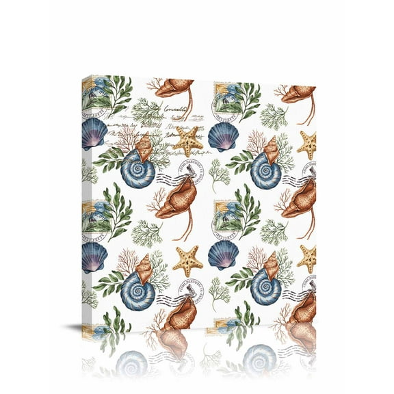 Canvas Print Wall Art Summer Conch Retro Text Shell Starfish Watercolor Framed Canvas Art Wall Decor Pictures Painting Morden Artwork for Living Room Bedroom, Ready to Hang, 28"x28"