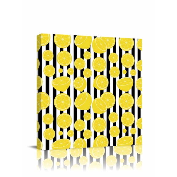 Canvas Print Wall Art Summer Lemon Black White Stripes Farmhouse Vintage Framed Canvas Art Wall Decor Pictures Painting Morden Artwork for Living Room Bedroom, Ready to Hang, 8"x8"