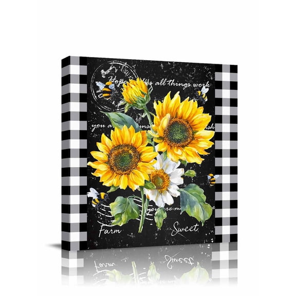 Canvas Print Wall Art Sunflowers Vintage Floral Bee Farmhouse Black Buffalo Plaid Framed Canvas Art Wall Decor Pictures Painting Morden Artwork for Living Room Bedroom, Ready to Hang, 12"x12"