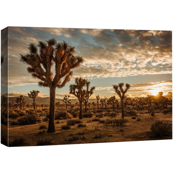 Canvas Print Wall Art Sunset Over Joshua Trees Photography Realism Decorative Landscape, Relax Calm Nature Scenery for Living Room Bedroom Office