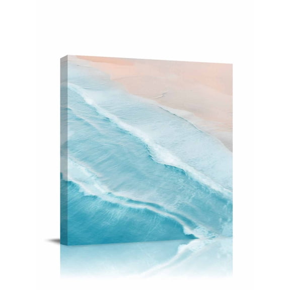 Canvas Print Wall Art Teal Blue Gradient Sea Waves Sandy Beach Coastal Scenery Framed Canvas Art Wall Decor Pictures Painting Morden Artwork for Living Room Bedroom, Ready to Hang, 8"x8"