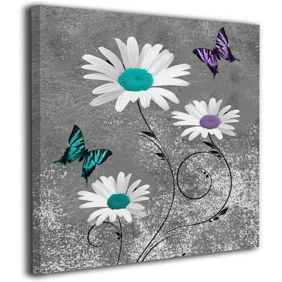 Canvas Print Wall Art Teal Purple Daisy Flower Butterflies Decorative Paintings Modern Home Wall Decor for Bedroom Living Room Bathroom Framed Ready to Hang 12x12 Inches
