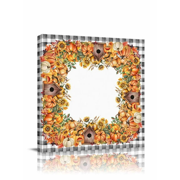 Canvas Print Wall Art Thanksgiving Pumpkin Wooden House Sunflower Black Plaid Framed Canvas Art Wall Decor Pictures Painting Morden Artwork for Living Room Bedroom, Ready to Hang, 16"x16"