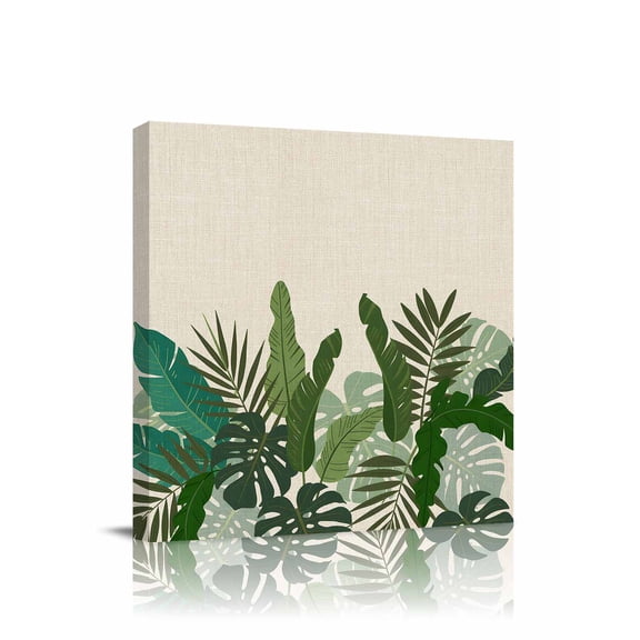 Canvas Print Wall Art Tropical Plant Summer Palm Leaf Watercolor Linen Texture Framed Canvas Art Wall Decor Pictures Painting Morden Artwork for Living Room Bedroom, Ready to Hang, 28"x28"