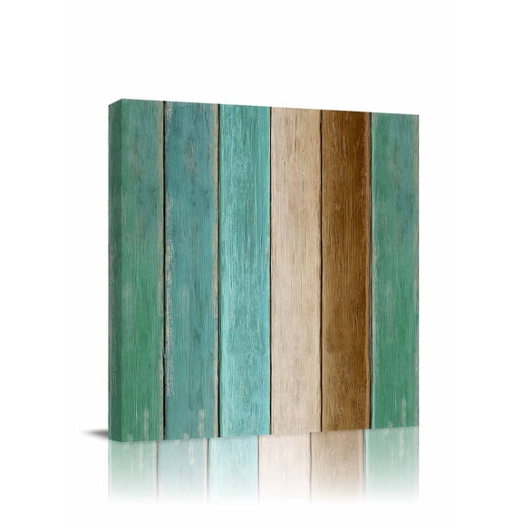 Canvas Print Wall Art Turquoise Brown Wood Grain Gradient Farmhouse Country Framed Canvas Art Wall Decor Pictures Painting Morden Artwork for Living Room Bedroom, Ready to Hang, 28"x28"