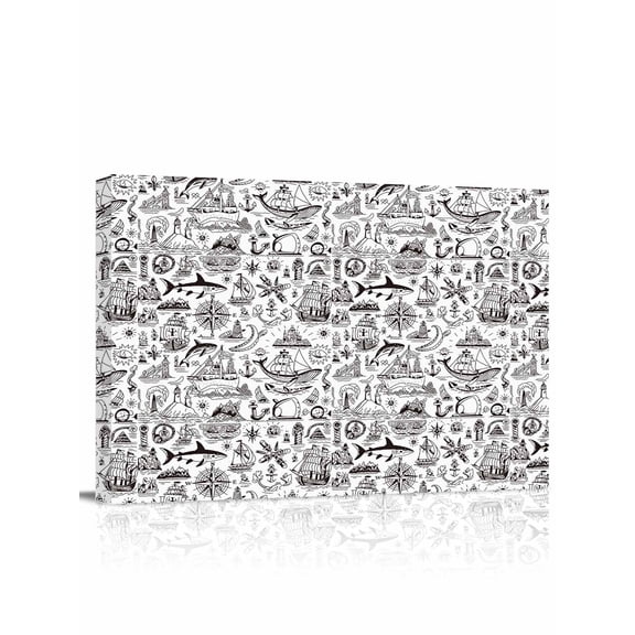 Canvas Print Wall Art Vintage Map Watercolor Navigation Boat Black Line Framed Canvas Art Wall Decor Pictures Painting Morden Artwork for Living Room Bedroom, Ready to Hang - 12"x16"