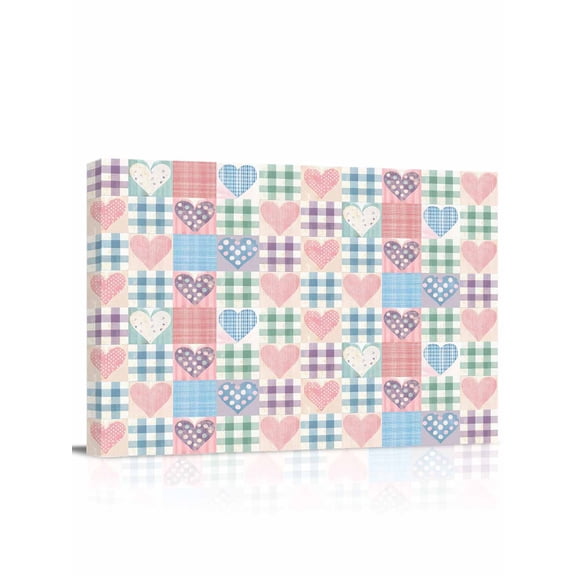 Canvas Print Wall Art Vintage Patchwork Pink Love Wave Point Checkered Framed Canvas Art Wall Decor Pictures Painting Morden Artwork for Living Room Bedroom, Ready to Hang - 12"x16"