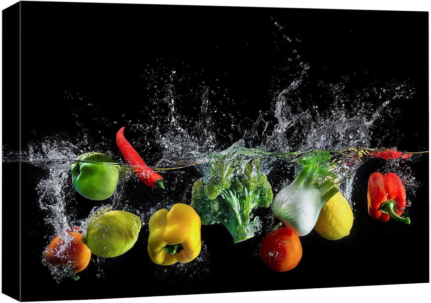 Canvas Print Wall Art Water Splashing Vegetables Kitchen \u0026 Cooking Food  Photography Modern Art Realism Decorative Scenic Colorful Relax/Cozy/Zen  for Living Room, Bedroom, Office - 12\, image size:1500x1054