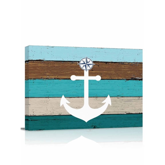 Canvas Print Wall Art White Anchor Costal Green Brown Stripes Wood Grain Bottom Framed Canvas Art Wall Decor Pictures Painting Morden Artwork for Living Room Bedroom, Ready to Hang - 12"x16"