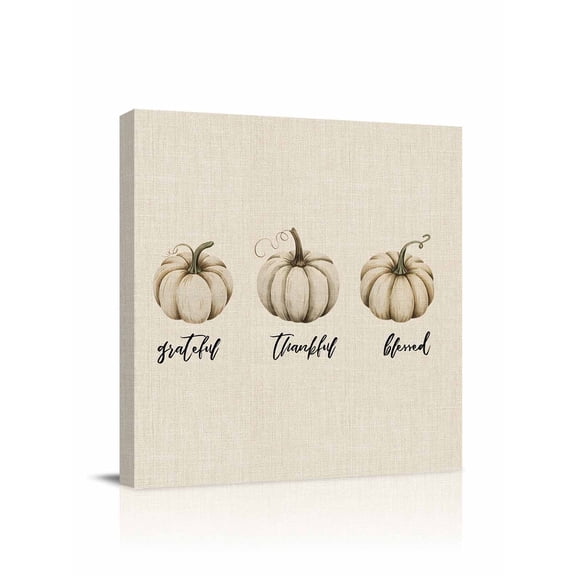 Canvas Print Wall Art White Pumpkin Watercolor Thanksgiving Fall Linen Framed Canvas Art Wall Decor Pictures Painting Morden Artwork for Living Room Bedroom, Ready to Hang, 12"x12"