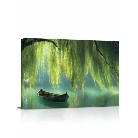Canvas Print Wall Art Willow Whispering Leaves Boat Green Lake Plant Framed Canvas Art Wall Decor Pictures Painting Morden Artwork for Living Room Bedroom, Ready to Hang - 12"x16"
