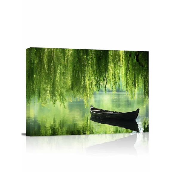 Canvas Print Wall Art Willow Whispering Leaves Green Lake Boat Plant Framed Canvas Art Wall Decor Pictures Painting Morden Artwork for Living Room Bedroom, Ready to Hang - 12"x16"