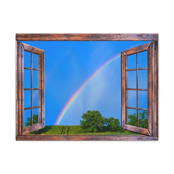 Canvas Print Wall Art Window Rainbow Tree View Nature Photography Realism Scenic Landscape Colorful Multicolor for Home Decor Ready to Hang