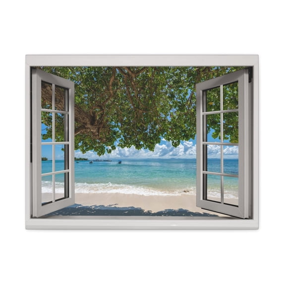 Canvas Print Wall Art Window Sand Beach View Nature Photography Realism Scenic Landscape Colorful Multicolor for Home Decor Ready to Hang