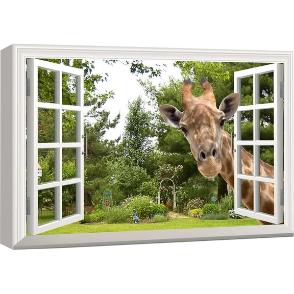 Canvas Print Wall Art Window View 3D Giraffe Illusion in Forest Nature Wilderness Modern Art Scenic Colorful Ultra Unframed
