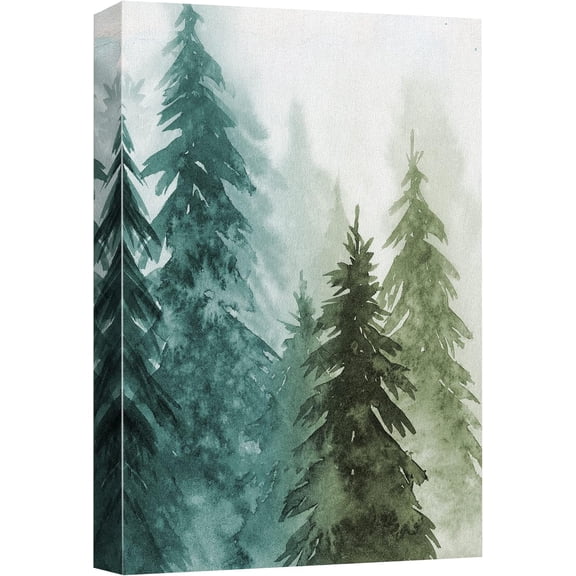 Canvas Print Wall Art Woodland Nursery Decor Green & Teal Watercolor Forest Pine Trees Floral Nature Illustrations Modern Chic Dramatic Multicolor for Living Room, Bedroom, Office - 12"x18"