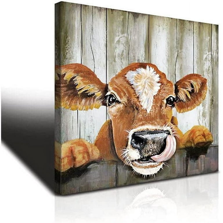 Canvas Print, Yellow Animal Portrait, Cute, Vintage Cow Wall Art Decoration  12x12 inches 
