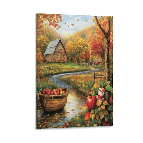 Canvas Prints Autumn Cabin Fall Forest Lake Tree Leaves Artwork Print Painting Fall Decor Grateful Thanksgiving Living Room Art 12x18inch for Modern Home Living Room Bathroom Framed Artwork