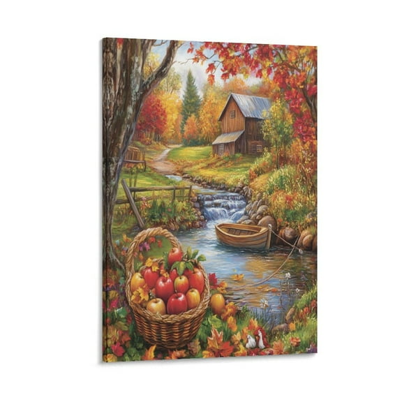 Canvas Prints Autumn Cabin Fall Forest Lake Tree Leaves Canvas Picture Autumn Country Farm Artwork Wall Art For Kitchen 16x24inch for Modern Home Living Room Bathroom Décor Framed Artwork