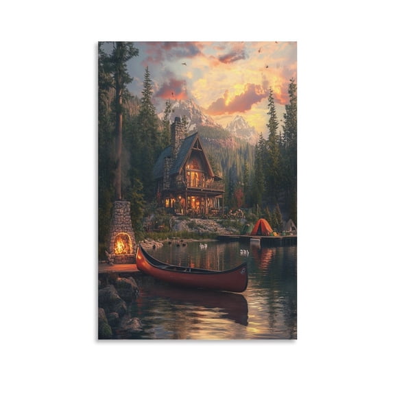 Canvas Prints Beautiful Lakehouse in The Mountains with A Red Canoe Canvas Prints Wall Art Row Boats Forest Nature Poster Wall Art Decor Print 8x12inch Bath Laundry Home Decorations