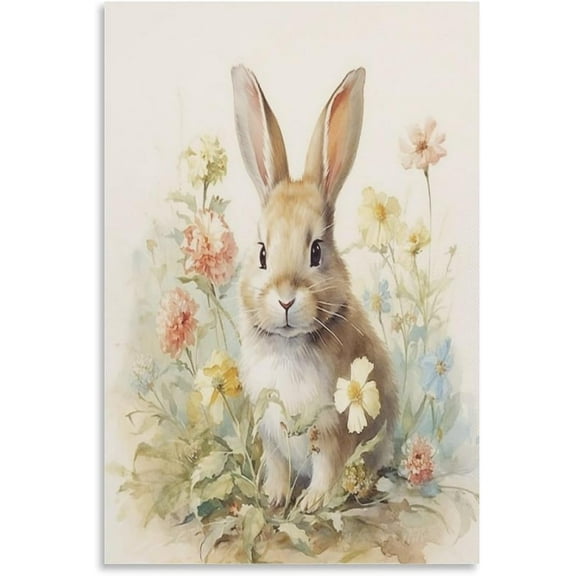 Canvas Prints French Rabbit Farm Vintage Watercolor Bunny Floral Artwork Print Painting Spring Rabbit Flower Wall Art for Living Room 24x36inch for Modern Home Living Room Bathroom