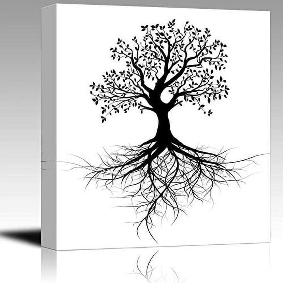 Canvas Prints Wall Art - Abstract Black Tree with Roots in Clean and Simple Style | Modern Wall Decor/Home Decoration Stretched Gallery Canvas Wrap Giclee Print & Ready to Hang - 24" x 24"