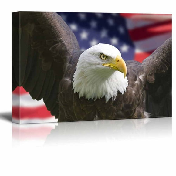 Canvas Prints Wall Art - Bald Eagle with American Flag Patriotic Concept | Modern Wall Decor/Home Decoration Stretched Gallery Canvas Wrap Giclee Print & Ready to Hang - 16" x 24"