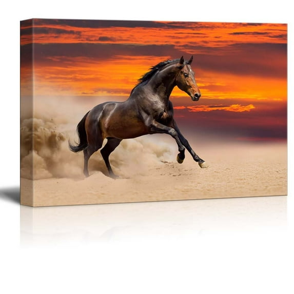 Canvas Prints Wall Art - Beautiful Bay Horse Running on The Desert at Sunset | Modern Wall Decor/Home Decoration Stretched Gallery Canvas Wrap Giclee Print & Ready to Hang - 12" x 18"