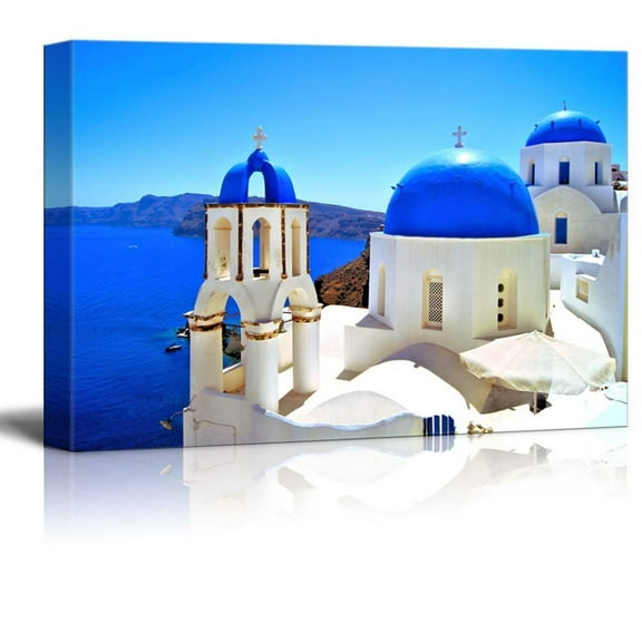 Canvas Prints Wall Art - Beautiful Blue Dome Churches of Santorini, Greece | Modern Wall Decor/Home Art Stretched Gallery Wraps Giclee Print & Wood Framed. Ready to Hang - 24" x 36"