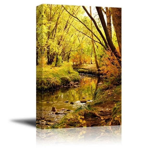 Canvas Prints Wall Art - Beautiful Scenery Autumn Landscape with Gentle Creek Through a Forest | Modern Wall Decor/Home Art Stretched Gallery Canvas Wraps Giclee Print & Ready to Hang - 36"