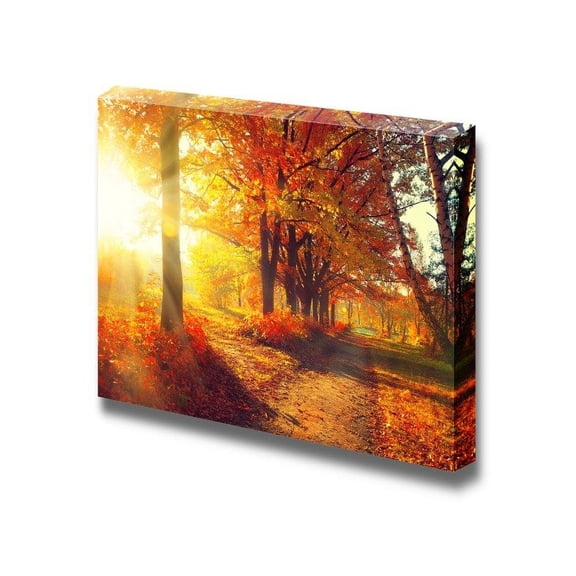 Canvas Prints Wall Art - Beautiful Scenery/Landscape Autumnal Trees and Leaves in Sun Rays | Modern Wall Decor/Home Decoration Stretched Gallery Canvas Wrap Giclee Print & Ready to Hang - 16"