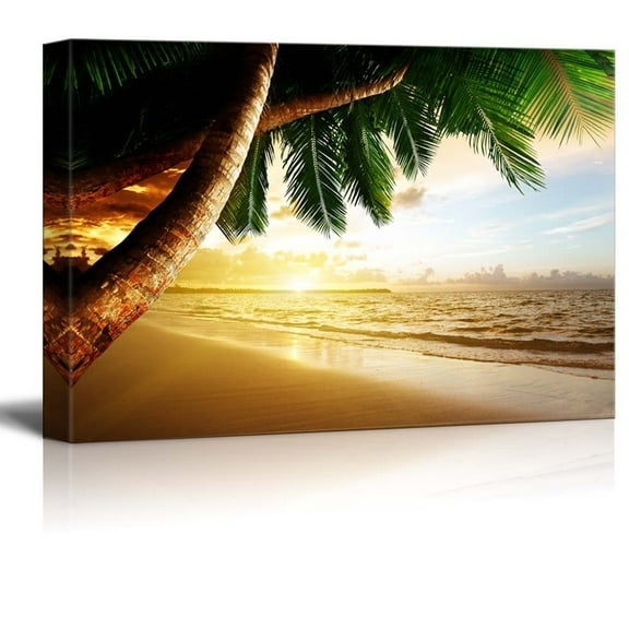 Canvas Prints Wall Art - Beautiful Scenery Sunrise on Caribbean Beach with Palm Trees | Modern Wall Decor/Home Art Stretched Gallery Canvas Wraps Giclee Print & Ready to Hang - 32" x 48"