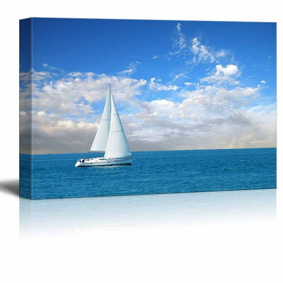 Canvas Prints Wall Art - Beautiful Seascape White Sail Boat on The Blue Calm Sea | Modern Wall Decor/Home Decoration Stretched Gallery Canvas Wrap Giclee Print & Ready to Hang - 16" x 24&quo